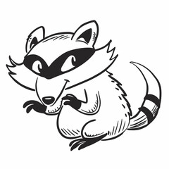 A raccoon with a black mask on its face, typical raccoon whiskers on its face, and a black and white tail vector art illustration