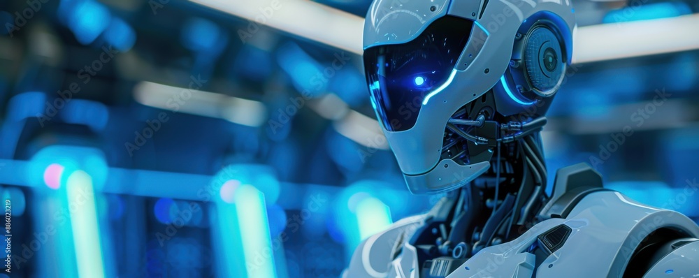 Poster technological marvels unleashed: futuristic robot in a photorealistic lab setting with ai technology