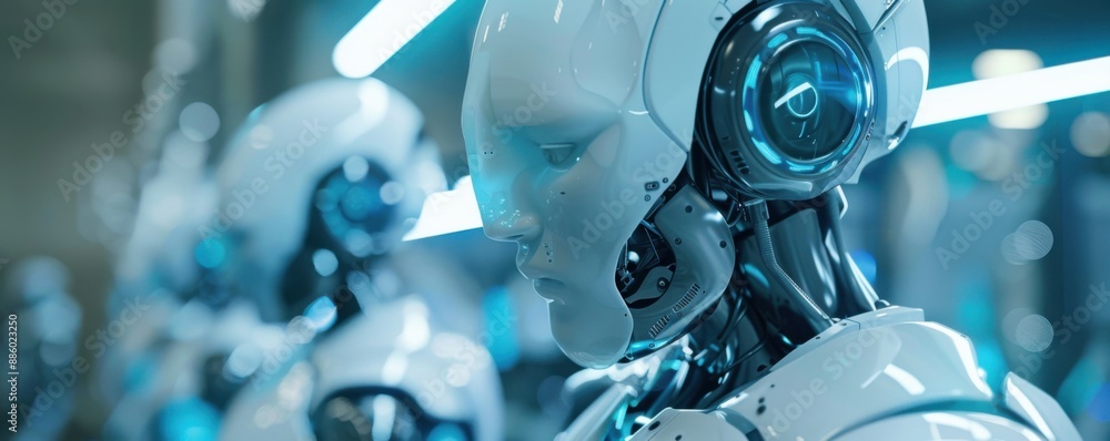 Poster advanced ai technology: futuristic robot in photorealistic lab setting with blue hues