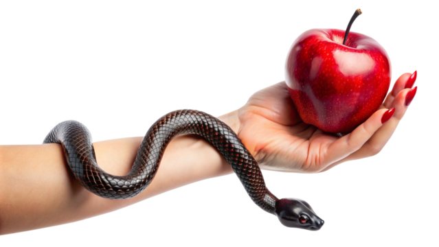 A black snake coiled around an arm, with a hand holding a shiny red apple, symbolizing temptation