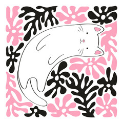 Vector animal illustration with cute hand drawn line art cat and abstract plants isolated on white background. Modern design for card print, poster,  t-shirt, nursery decoration