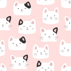 Vector seamless pattern with cartoon hand drawn cat faces isolated on pink background. Cute animal design template for print, fabric, wallpaper, card, nursery decoration