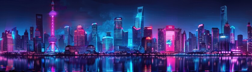 Futuristic Neon Cityscape: Cyberpunk Skyline with Vivid Colors and High Detail at Night