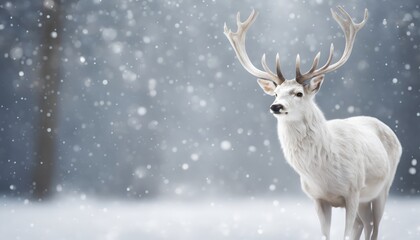 majestic white stag with big antlers against snowy background