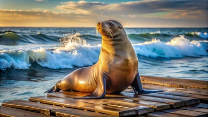 Fototapeta premium A majestic sea lion lounges on a weathered wooden pier, basking in the warm sunlight with the ocean in the background.