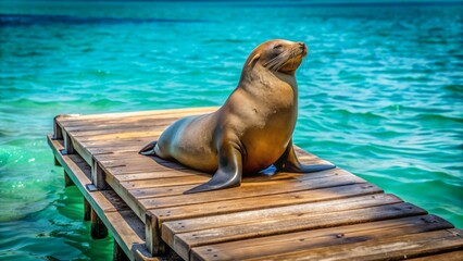 Fototapeta premium A solitary sea lion lounges on a weathered wooden pier, its fur glistening in the warm sunlight beside calm waters.