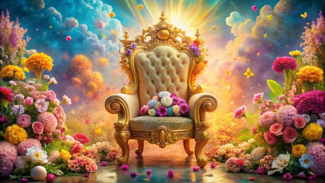Adorable Hindu deity's childish paraphernalia scattered around a vibrant, ornate throne with a soft, golden glow and serene atmosphere.