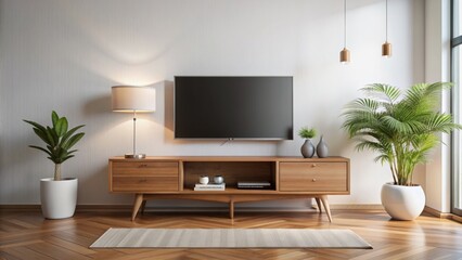 Modern television sitting on a wooden TV stand against a stark white wall in a minimally furnished living room.