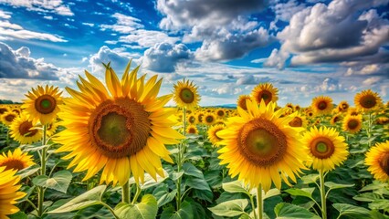 Fototapeta premium Vibrant yellow sunflowers stretch towards bright blue sky, filling sprawling summer field with warmth and inviting serenity on a cloudy day.