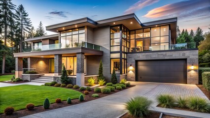 Modern lavish estate with sleek lines, expansive windows, and lush landscaping, showcasing opulent exterior design and sophisticated curb appeal.