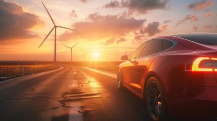 Naklejka premium electric vehicle and wind turbines