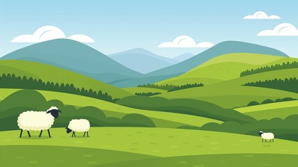 Obraz premium Lush green meadow, grazing sheep under blue sky, flat design illustration