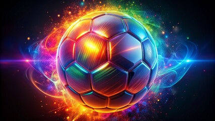 Fototapeta premium Vibrant, abstract, glowing soccer ball radiates kaleidoscope of colors against dark background, evoking energy, excitement, and dynamic movement in isolated focus.