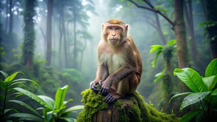 Wild white-tailed macaque monkey sits alone on a tree stump in a lush green forest with misty atmosphere.