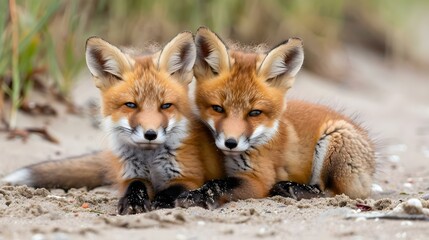 Wild baby red foxes cuddling at the beach