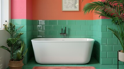 Tropical bathroom with vibrant colors, exotic plants, and natural light, bathroom interior, tropical paradise