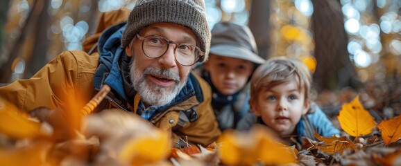 Obraz premium An adventurous collage of fathers and children doing a treasure hunt, filled with excitement and discovery, Image Background