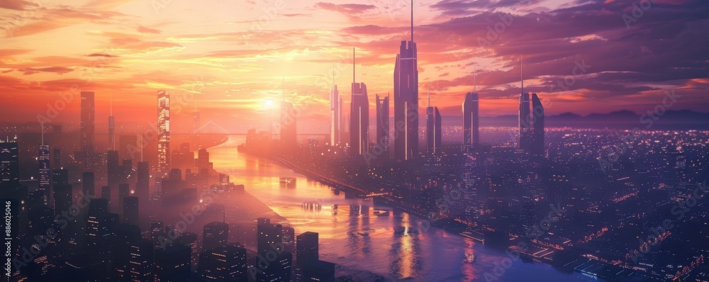 Poster glowing metropolis: futuristic cityscape with high-tech architecture in digital dawn light