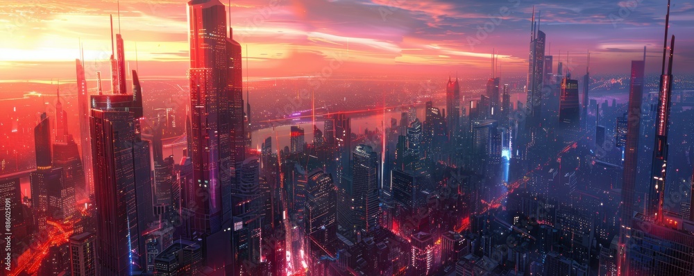 Poster dawn of the digital age: futuristic cityscape with high-tech architecture in a vibrant digital art s