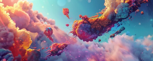 Fototapeta premium Vibrant Fantasy Dreamscape - Surreal Digital Art with Floating Objects