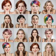Different hair type, woman webcam faces on white  and grey backgrounds.. Hands are holding the female face.