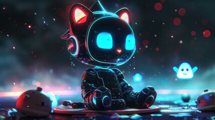 An adorable 3D minimalist futuristic illustration of a Halloween night with a shiny, robotic black cat wearing a simple, holographic witch hat, sitting on a floating platform. The scene includes