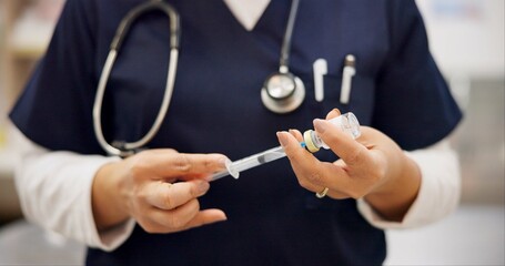 Woman, vet and vaccine injection in clinic for medicine appointment, pet safety and disease...