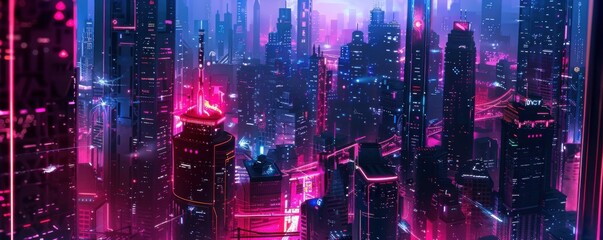 Obraz premium Neon Dreams: Vibrant Cyberpunk Cityscape with High Detail and Futuristic Atmosphere