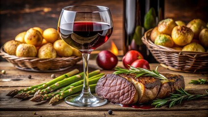 Richly lit still life of a full-bodied red wine glass in foreground, accompanied by tenderloin steak, crispy potatoes, and asparagus spears.
