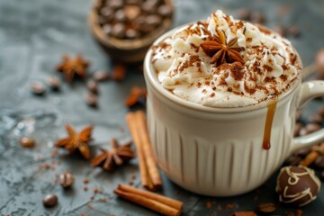 Steaming cup of coffee topped with whipped cream, cinnamon, and star anise creating a cozy atmosphere