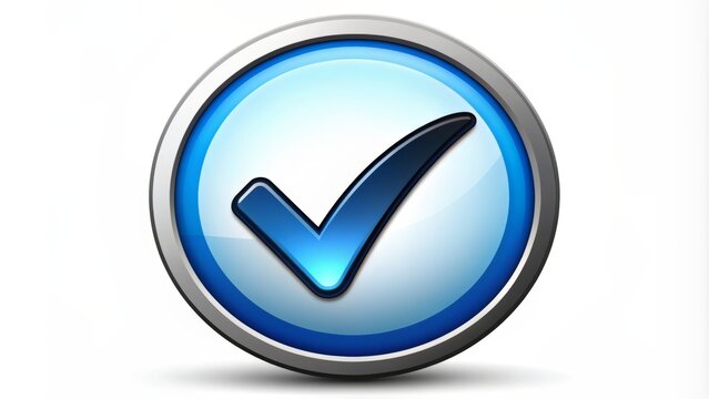 A shiny blue tick icon with a bold black outline on a clean white background, conveying trust and assurance.