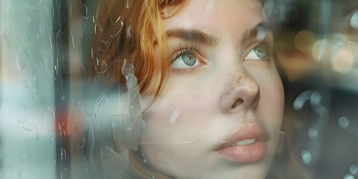 Mulher pensativa olhando pela janela