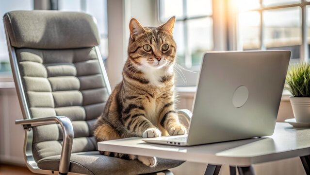 Adorable white-striped feline occupant commandeers modern workspace, paws grasping chair edges, whiskers twitching near sleek laptop display.