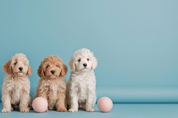 Three adorable puppies sit side by side with pink balls on a blue background, showcasing their fluffy fur and cute expressions.