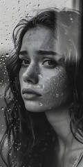 Tristeza retratada através de gotas de chuva na janela