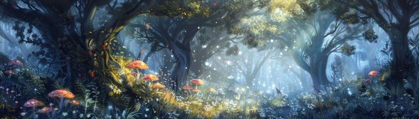 Fototapeta premium Enchanted Glow: Mystical Forest with Ethereal Lighting and Glowing Mushrooms in Watercolor Fantasy