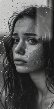 Tristeza retratada atrav&eacute;s de gotas de chuva na janela