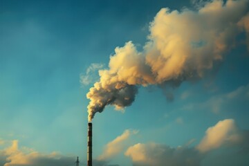 Obraz premium Smoke billowing from an industrial chimney, polluting a blue sky with white clouds