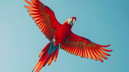 Fototapeta premium Scarlet Macaw flying against clear blue sky