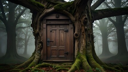 A tree with hidden doors and windows, suggesting secret passages and rooms within its trunk and branches, inviting exploration and the discovery of hidden worlds. generative.ai