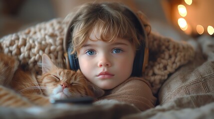 Fototapeta premium A heartwarming scene of a young child and a ginger cat sharing a cozy moment, listening to music under soft lighting.