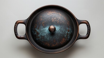 A top view of an aged cast iron cooking pot, showcasing its rustic charm and timeless durability.