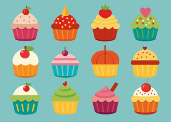 Set cupcakes clipart vector art illustration on white background