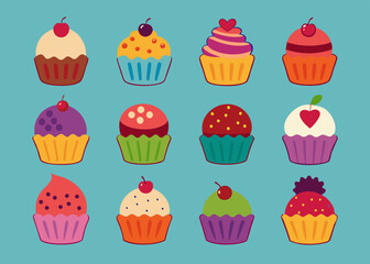 Set cupcakes clipart vector art illustration on white background