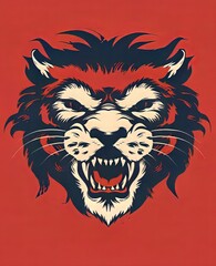 Fototapeta premium Retro illustration of a fierce tiger face with sharp teeth and red background