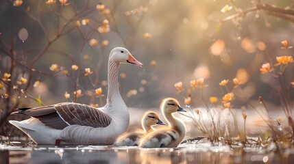 Obraz premium Country goose family in a rural setting
