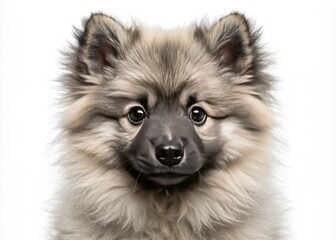 Adorable German Spitz Keeshond puppy with fluffy coat and big brown eyes looks directly at camera with curiosity and affection on transparent background.