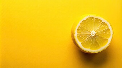 Freshly sliced bright yellow lemon on a vibrant yellow background with plenty of copy space, perfect for adding text or graphics, creating a refreshing design.