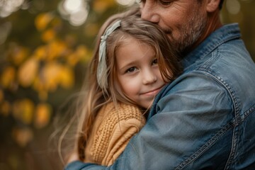 Obraz premium Father is hugging his daughter in an autumnal forest setting, sharing a tender moment