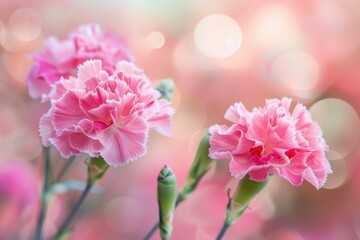Obraz premium Two beautiful pink carnations with delicate petals are blooming on a soft pastel background with bokeh